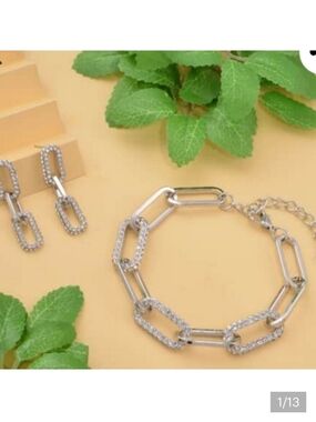 🆕️ Set -  Austrian Crystal Paper Clip Link Bracelet with Extender & Earrings